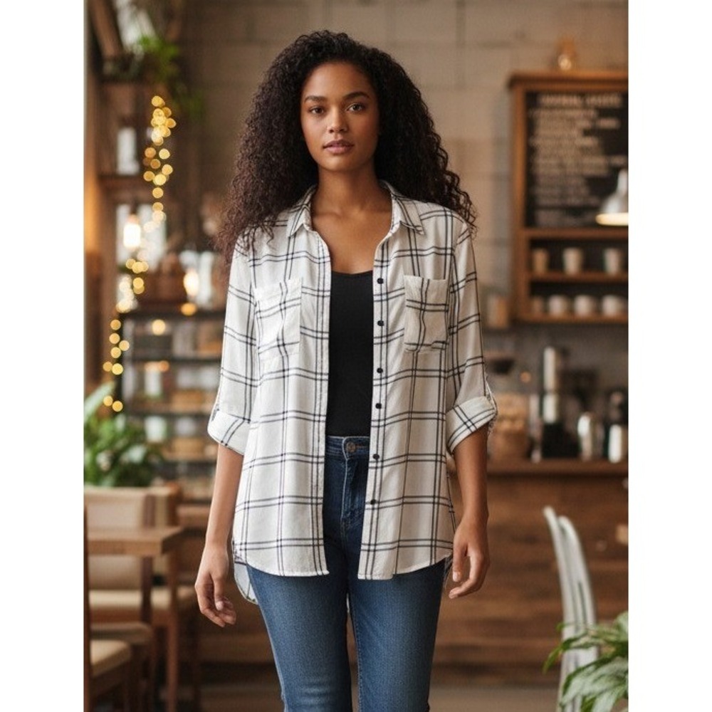 Fortune + Ivy White Black Windowpane Plaid Roll Tab Sleeve Blouse NWT Size S